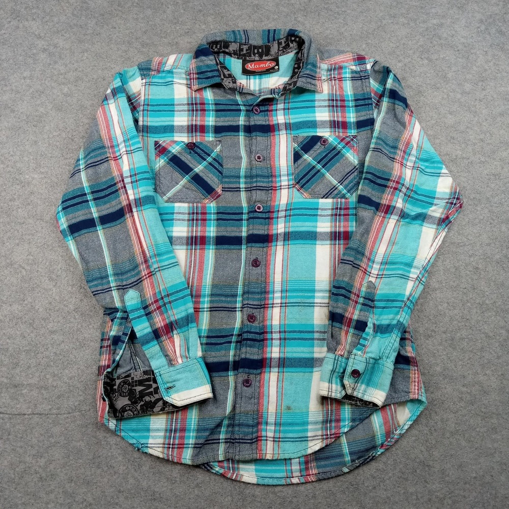 Mambo Shirt Mens Large Multicolor Plaid Flannel Button Front Long Sleeve Casual*